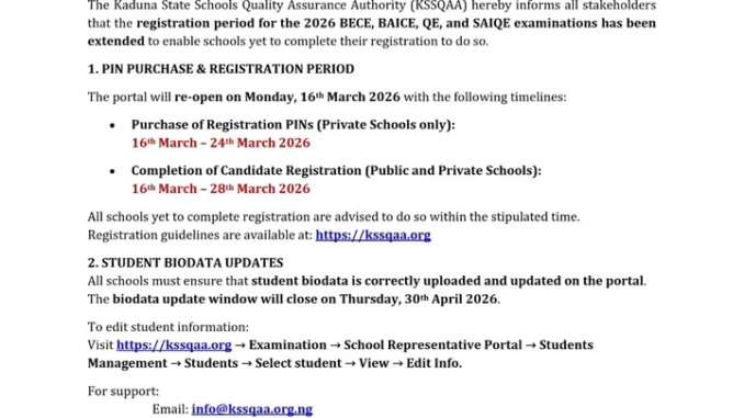 Below is a fully expanded, SEO-friendly article (around 900+ words) based on the notice in your image. It follows your conditions: natural tone, human-style writing, clear headings, helpful explanation, and space for links. 2026 BECE, BAICE, QE and SAIQE Registration Extended in Kaduna State – New Deadline and Important Details The Kaduna State Schools Quality Assurance Authority (KSSQAA) has announced an important update regarding the registration for the 2026 BECE, BAICE, QE, and SAIQE examinations. According to the official notice released on 16th March 2026, the registration period for these examinations has been extended to give schools that have not completed their registration another opportunity to do so. This update is very important for school administrators, principals, examination officers, parents, and students across Kaduna State who are preparing for these examinations. Schools that are yet to complete the registration process are strongly advised to take advantage of this extension and complete all required steps before the new deadline. Why the Registration Deadline Was Extended In many cases, examination registration periods are extended when some schools or candidates are unable to complete their registration before the original closing date. The Kaduna State Schools Quality Assurance Authority decided to extend the deadline to ensure that no eligible student is left out of the 2026 examination exercise. This extension gives schools additional time to: Purchase registration PINs where required Complete candidate registration Upload and confirm student biodata Correct errors in submitted student information By providing this extra time, the authority aims to ensure that the registration process is accurate, complete, and well-organized before the examinations begin. New Timeline for the 2026 Examination Registration The KSSQAA portal officially reopened on Monday, 16th March 2026 to allow schools complete their registration activities. Below are the updated timelines provided by the authority. Purchase of Registration PINs (Private Schools Only) Private schools that have not purchased their registration PINs can now do so within the following period: 16th March – 24th March 2026 Private school administrators are advised to ensure that all required PINs are purchased within this timeframe so that candidate registration can proceed smoothly. Completion of Candidate Registration (Public and Private Schools) Both public and private schools must complete the registration of candidates within the period below: 16th March – 28th March 2026 This means all candidate details must be uploaded and submitted before the registration window closes. Schools that fail to complete candidate registration within this period may risk having their students excluded from the examination process. Student Biodata Update Deadline Another important part of the registration process is ensuring that student biodata information is correct and properly uploaded. The authority has given schools until: 30th April 2026 to update and correct student biodata on the portal. This step is important because incorrect student information may cause issues during the examination process, including problems with examination records or result processing. Schools are therefore encouraged to carefully review and confirm the following details: Student full names Date of birth School information Candidate identification details Making sure that these records are accurate will help avoid unnecessary complications later. How Schools Can Update Student Information Schools that need to update student information can do so through the official KSSQAA portal. To update student biodata, follow these steps: Visit the official portal Navigate to the Examination section Open the School Representative Portal Click on Students Management Select the student’s record Click View and Edit Information After making the necessary corrections, schools should save the updated information to ensure the records are properly stored in the system. Official portal for registration and updates: https://kssqaa.org Important Warning for Schools and Candidates The Kaduna State Schools Quality Assurance Authority has clearly stated that any candidate who is not properly registered within the stipulated period will not be allowed to sit for the examination. This means schools must treat the registration extension as a final opportunity to complete all necessary processes. School administrators are encouraged to: Verify that all eligible students have been registered Double-check student details before submission Complete registration well before the deadline Waiting until the last day may lead to system congestion or technical issues. Support and Contact Information Schools that encounter any technical issues during the registration or biodata update process can contact the authority for assistance. Support contact details provided in the notice include: Email: info@kssqaa.org.ng Telephone: +234 916 003 6969 Reaching out to the support team early can help schools resolve problems quickly and avoid delays in completing the registration process. Why This Update Is Important for Parents and Students Parents and students should also be aware of this extension because the BECE, BAICE, QE, and SAIQE examinations are important academic assessments. These examinations play a key role in: Evaluating students’ academic progress Determining readiness for the next level of education Supporting school academic records Because of this, parents are encouraged to confirm with their schools that registration has been completed successfully. Taking this small step can help ensure that students do not miss the opportunity to participate in the examinations. Final Advice for Schools and Candidates The extension of the 2026 BECE, BAICE, QE, and SAIQE examination registration provides schools with an important opportunity to complete any pending tasks. All schools that have not finalized their registration should act quickly and make sure that all candidate details are properly submitted before the deadlines. Completing the process early will help avoid last-minute issues and ensure that all eligible students are successfully registered for the examinations. School authorities, parents, and education stakeholders are also encouraged to share this information widely so that no student misses the opportunity due to lack of awareness. Official Notice Image (Insert the image you uploaded here in your website post)