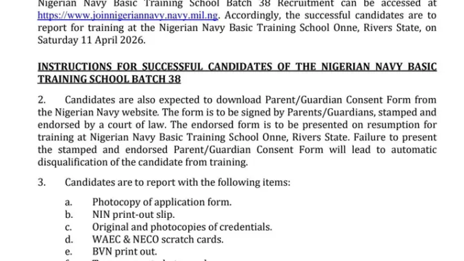 Nigerian Navy Batch 38 Successful Candidates 2026: Full List, Training Date & Requirements
